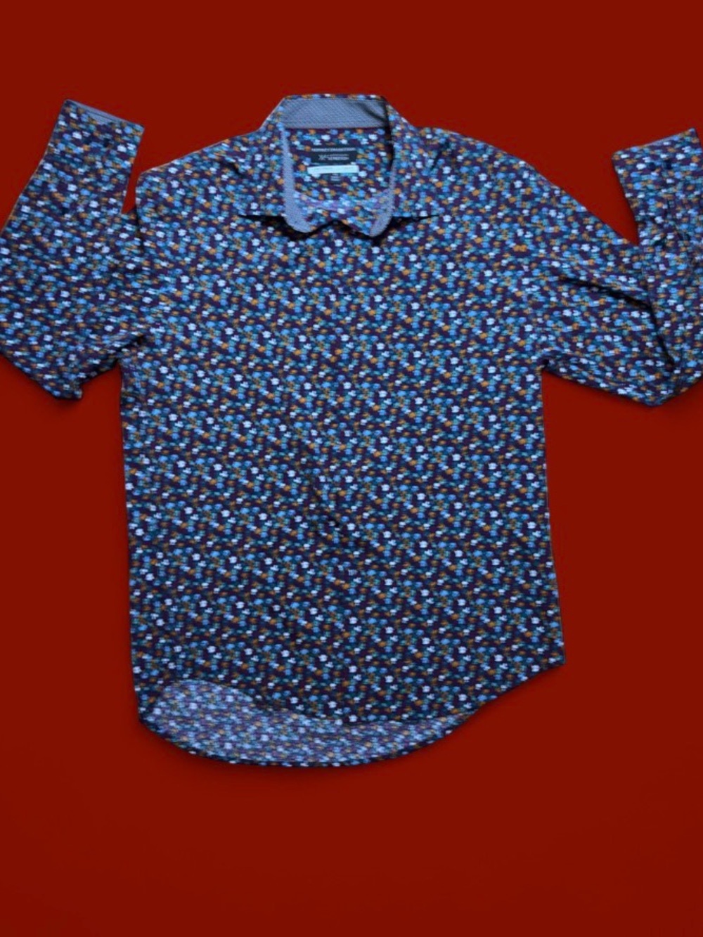 Report Collection Navy Blue Floral Print Long-Sleeve Dress Shirt